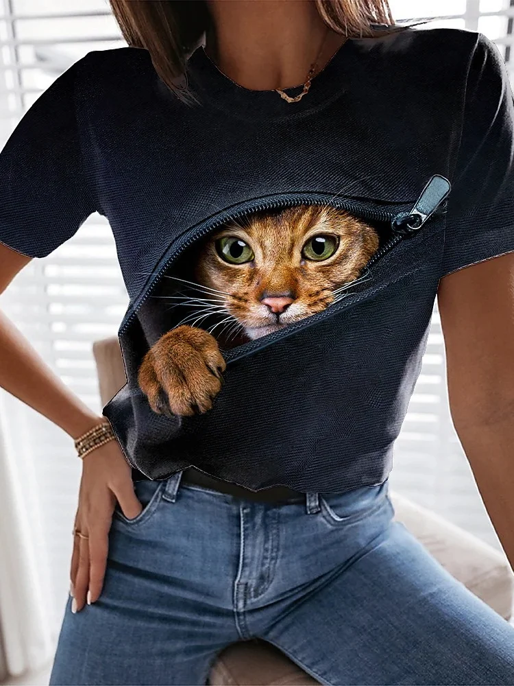 Lovely Cat Zipper Graphic T Shirt