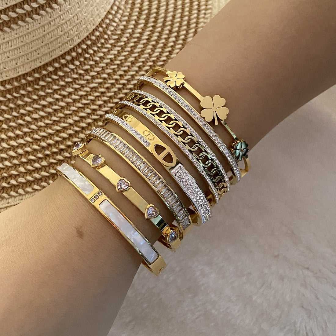 Expressive Stainless Steel Zircon Inlay Bangles