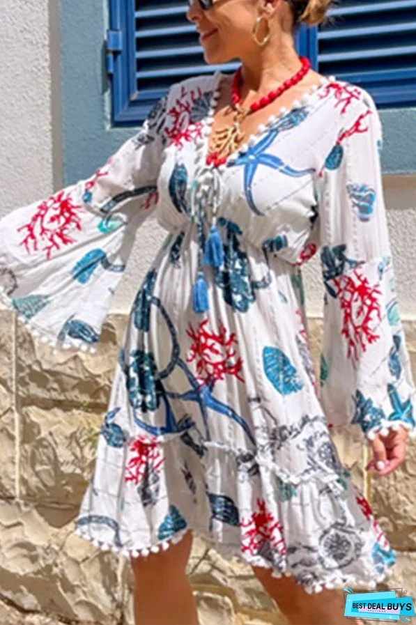 Bell Sleeve V Neck Coral Starfish Short Dress