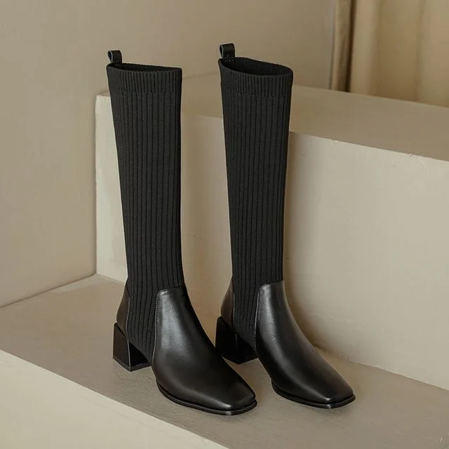 Block Heel Boots Tall Knit