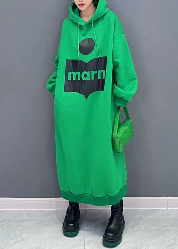 Plus Size Green Print Cotton Hooded Maxi Dress Fall
