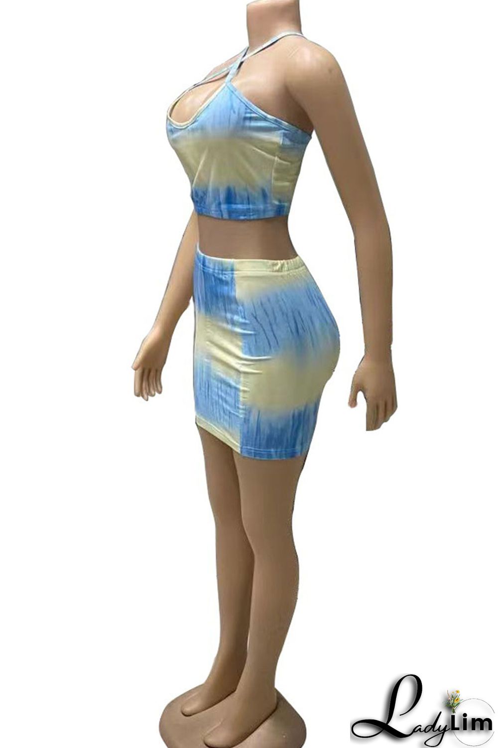 Blue Sexy Print Patchwork Halter Sleeveless Two Pieces