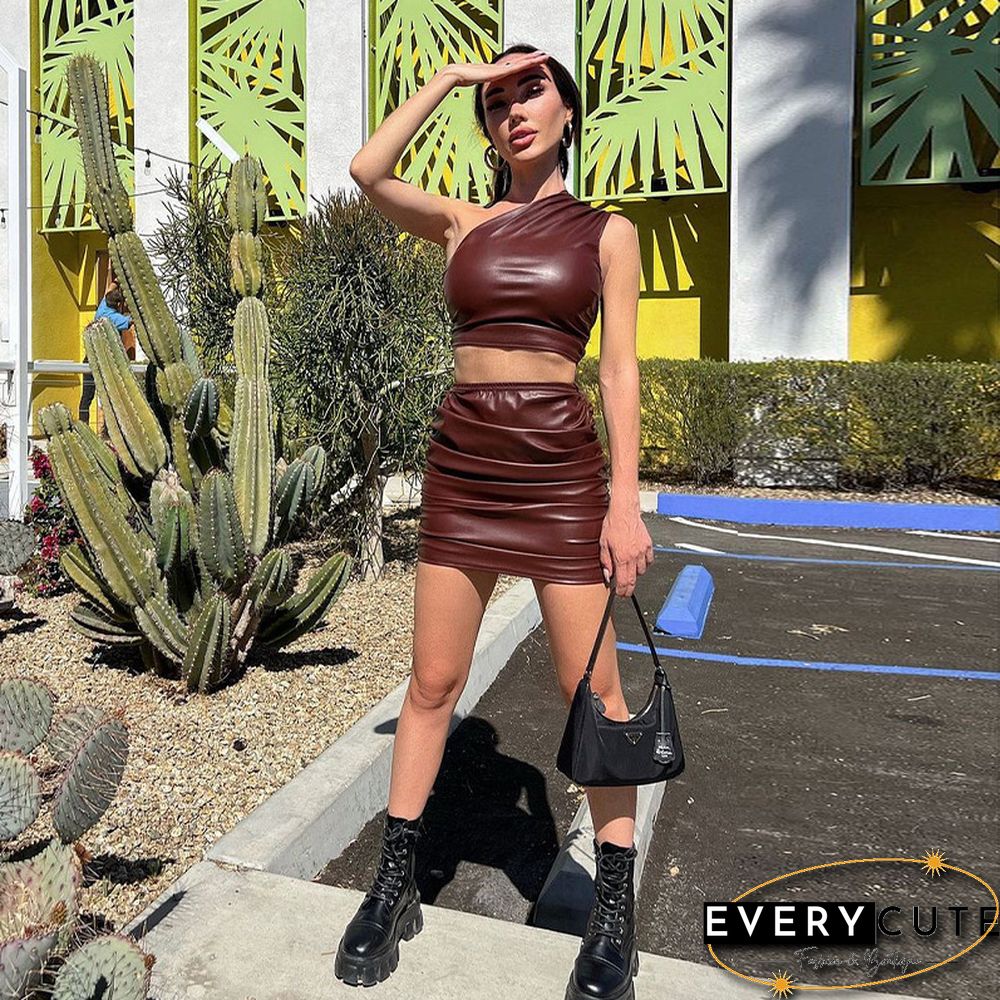 Sexy PU Leather Clothes Suit Women One Shoulder Sleeveless Crop Top And Mini Skirt Ladies Matching Sets Party Clothing