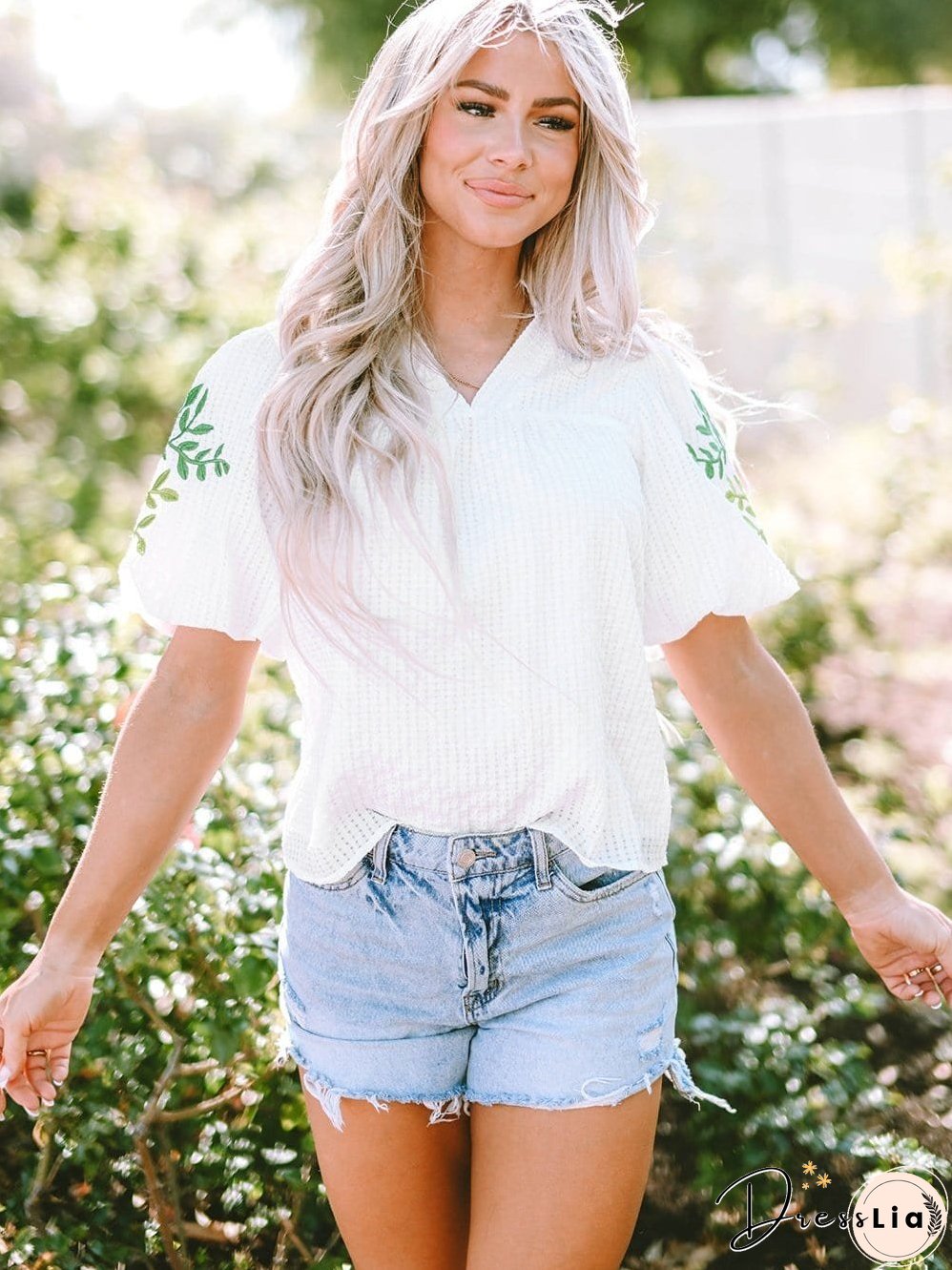 White Floral Embroidered Puff Sleeve V-Neck Mesh Detail Blouse