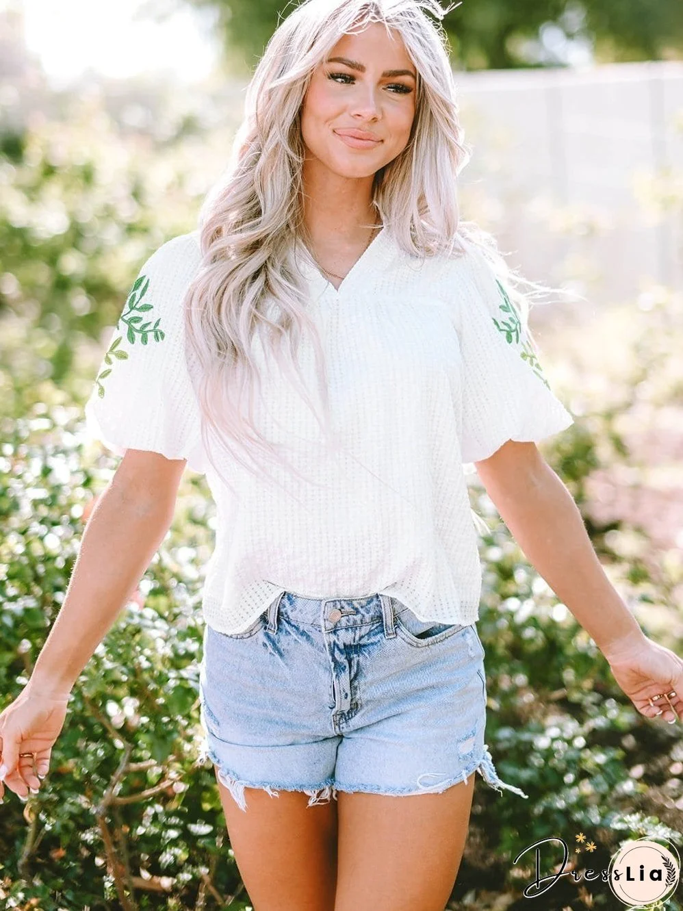 White Floral Embroidered Puff Sleeve V-Neck Mesh Detail Blouse