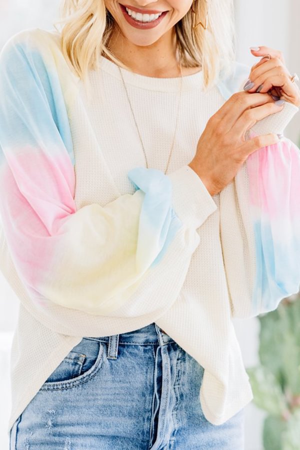 Tie-dye Stitching Puff Sleeve Loose Pullover Long Sleeve T-shirt