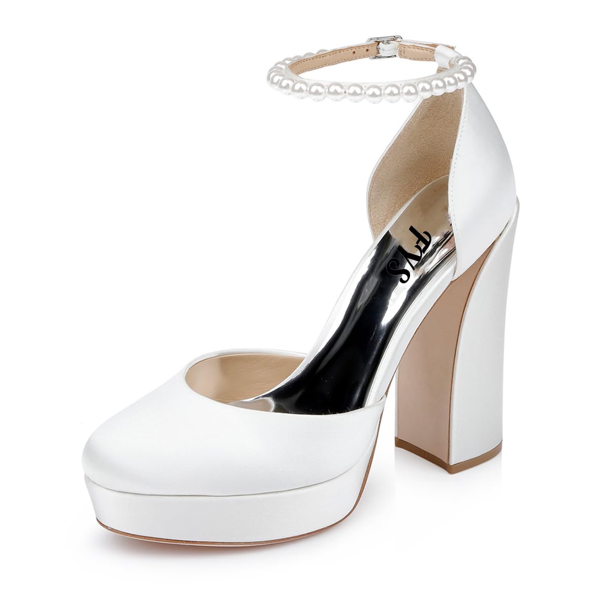 White Round Toe High Heel Platform Pumps with Pearl Buckle Ankle Strap Nicepairs