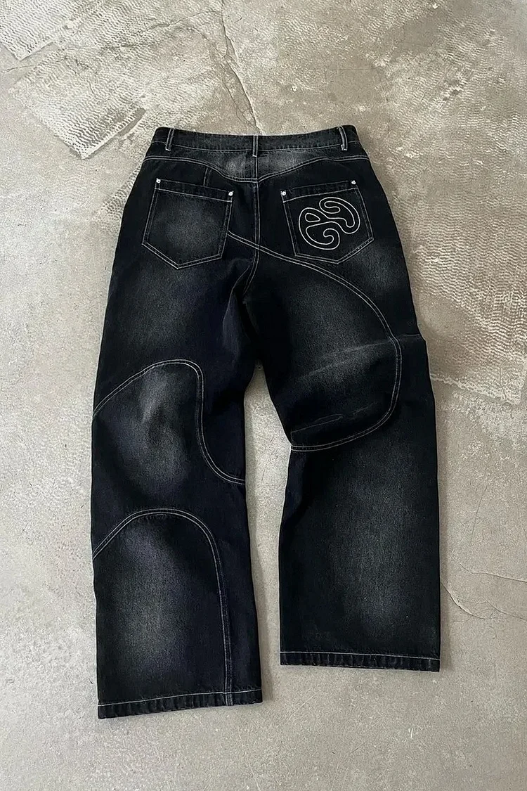 Edgy Retro Spliced Streetwear Jeans | Washed Black High Waist Wide Leg Pants for Women