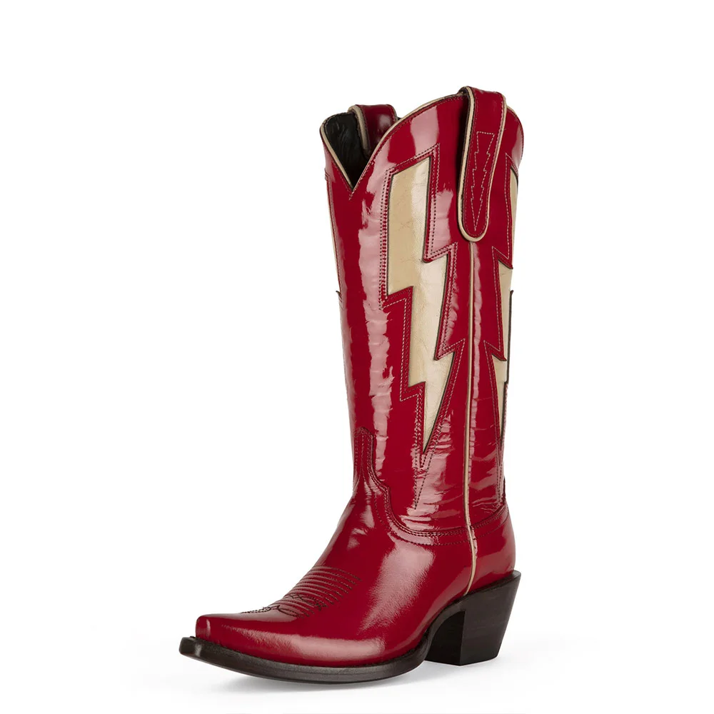 Snip Toe Chunky Heel Lightning Inlay Wide Calf Cowgirl Boots in Red