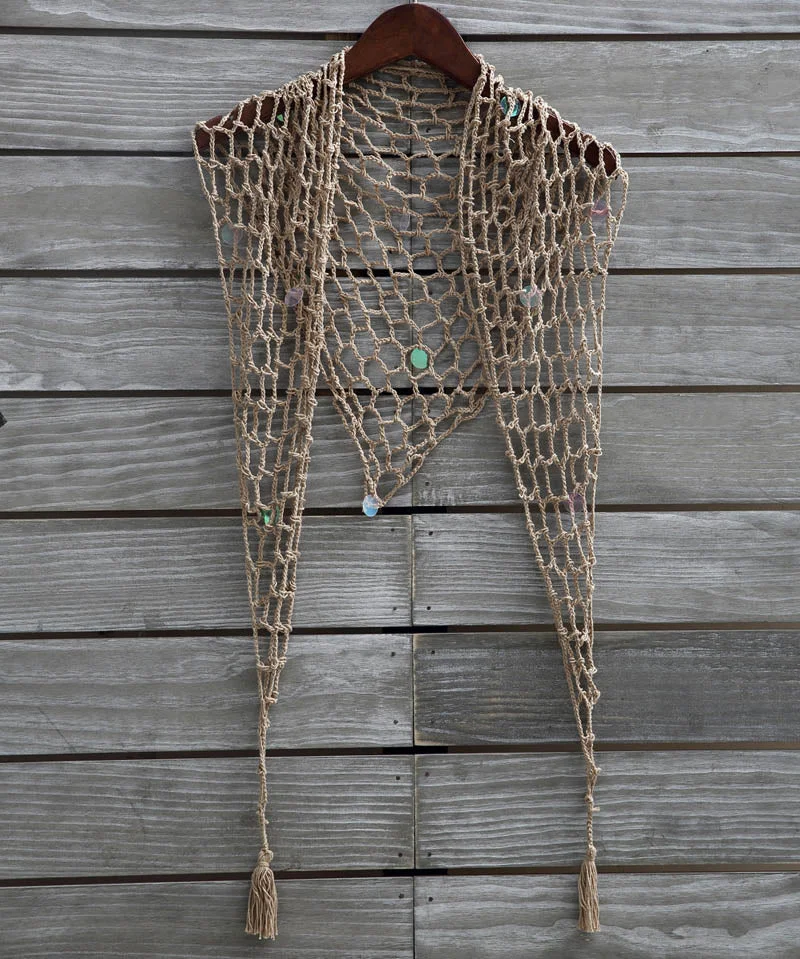 Fitshinling Sequined handmade crochet mesh beach cover up cape swimwear lace sexy hot fringe outerwear bohemian strappy cover-up