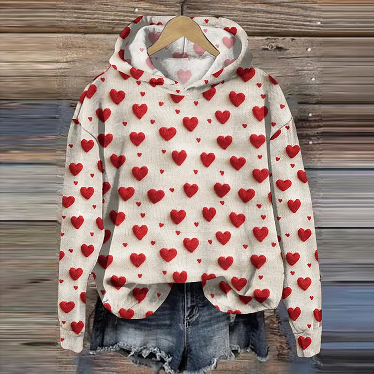 Comstylish Valentine's Day Heart Print Casual Knitted Hoodie