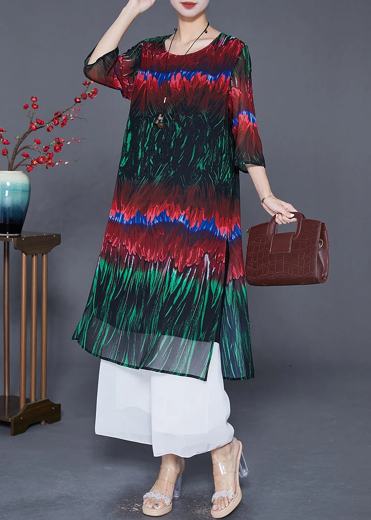 DIY Colorblock Print Side Open Chiffon Long Dress Half Sleeve