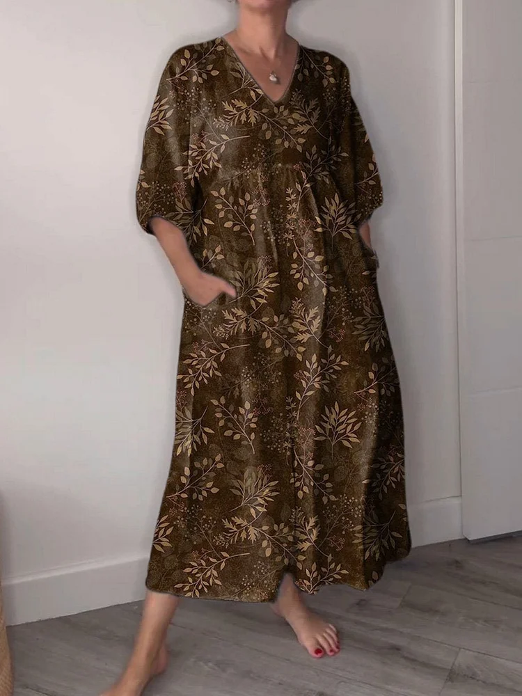 Fall Floral And Bough Pattern Printed Women's Pocket V-Neck Cotton Dress