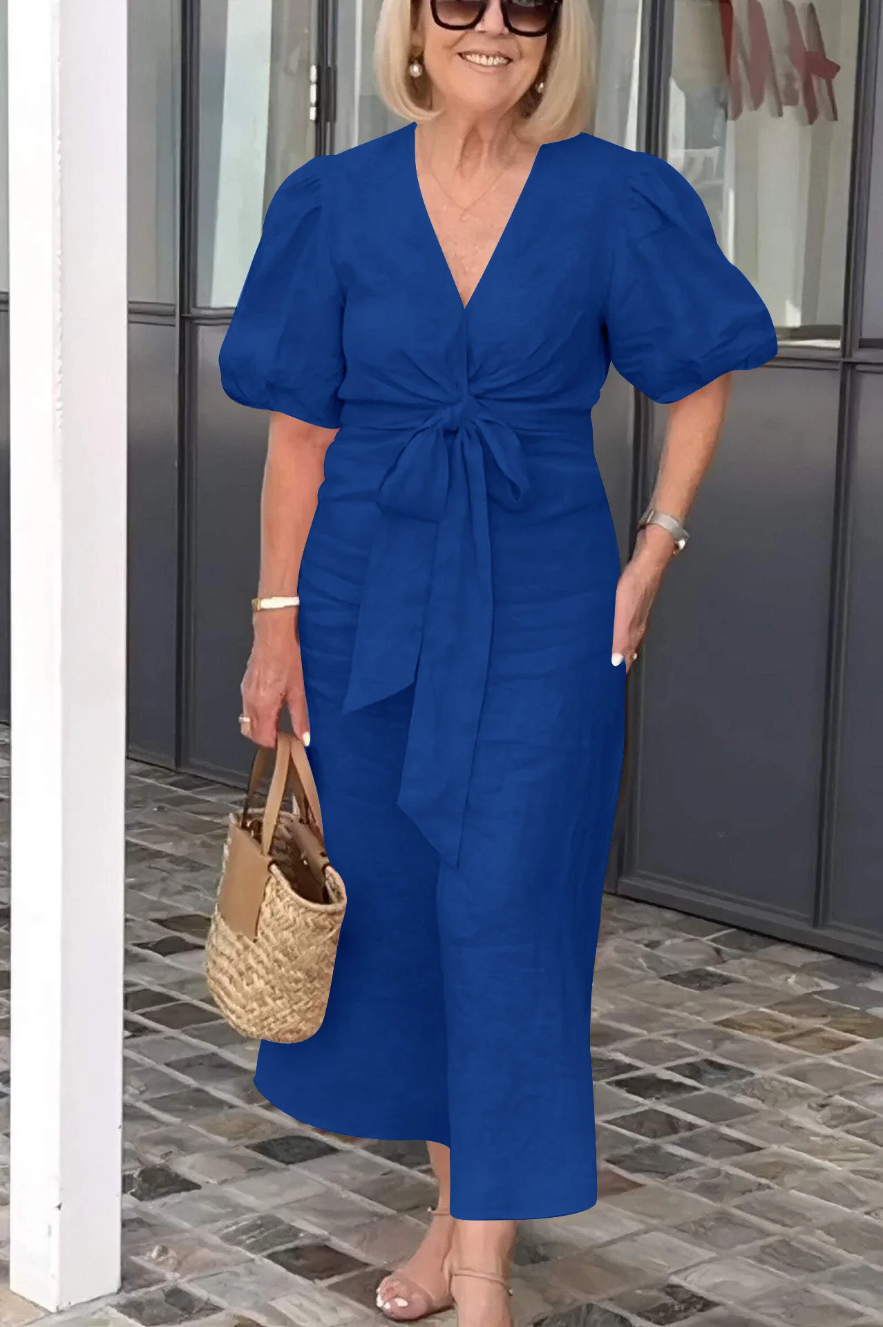 Older Women Casual Summer V-neck Lace-up Puff Sleeve Cotton Dress For Mature  Women & Older Ladies Over 40, 50, 60 & 70 - Older In Fashion Store