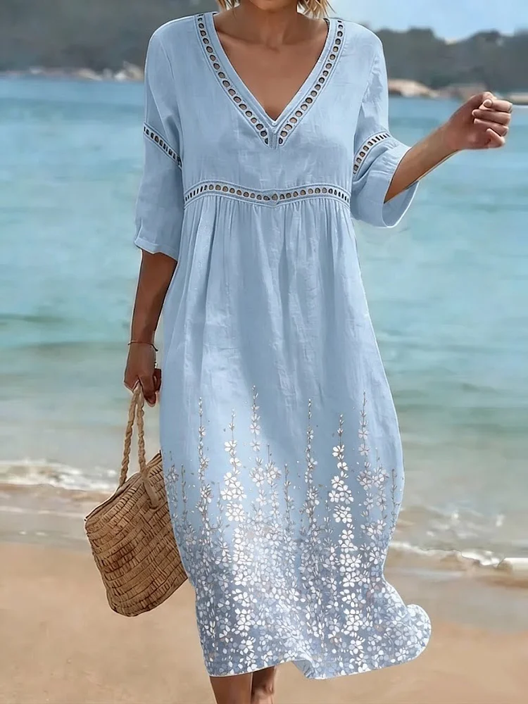 Women's Retro Floral Pattern Art Print Casual Stylish Cotton Linen Dress