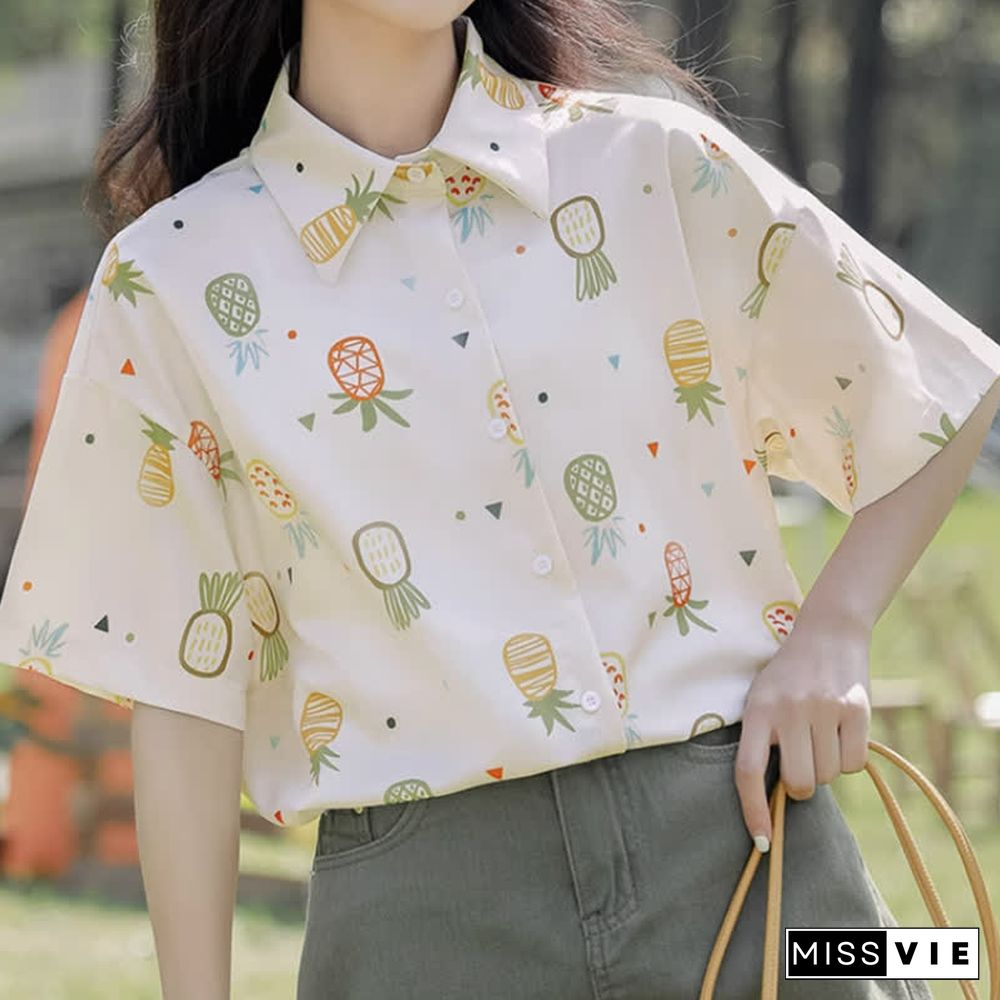 Vintage Pineapple Print Short Sleeve Casual Polo Shirt