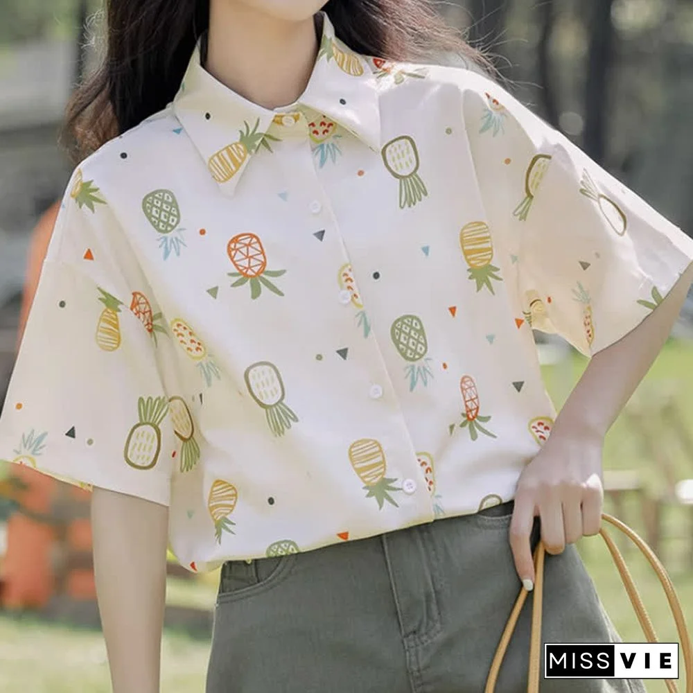 Vintage Pineapple Print Short Sleeve Casual Polo Shirt