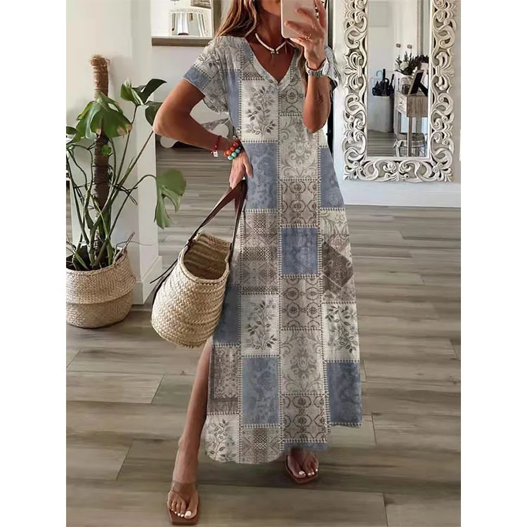 Spring Summer New Loose Leisure Printed Short Sleeve Dress for Women-Cosfine