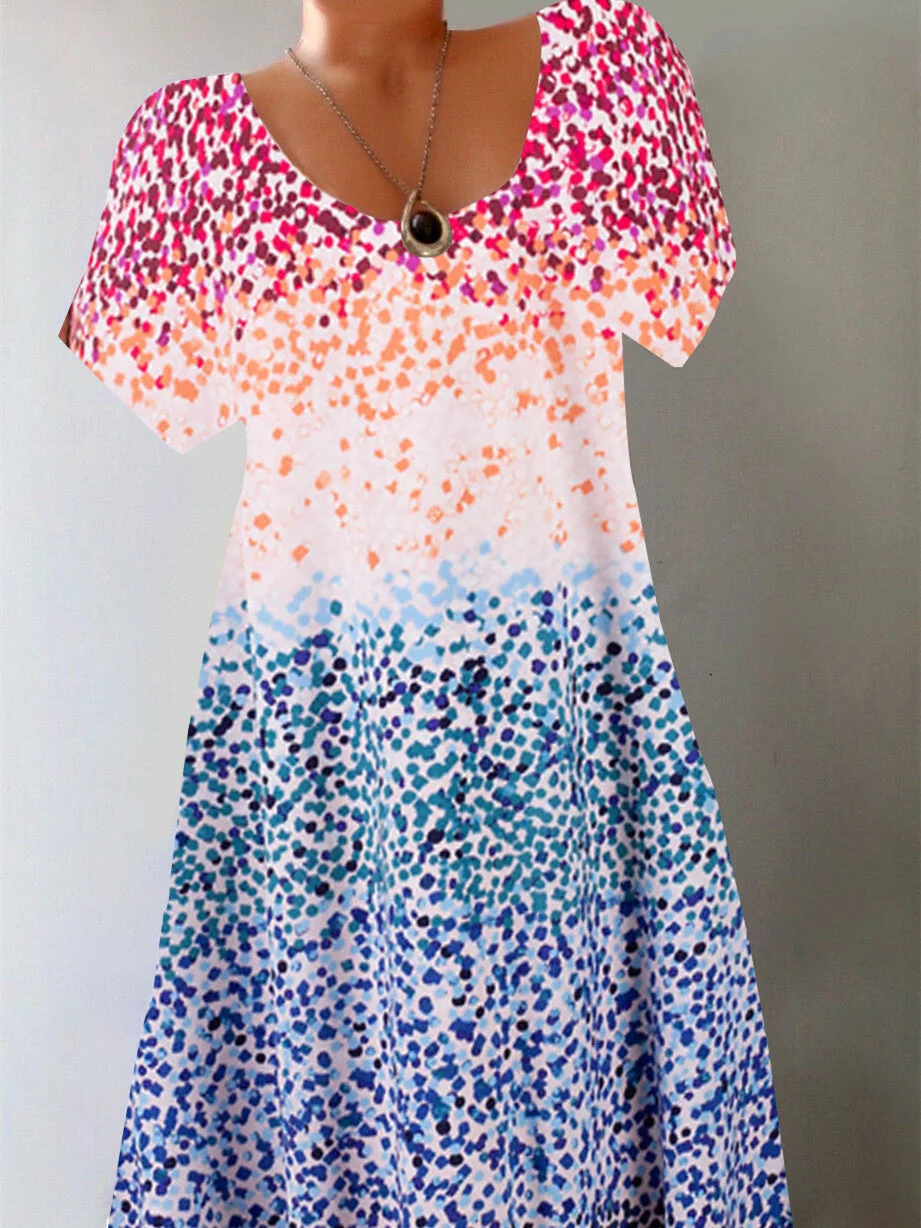 Women Short Sleeve Scoop Neck Printed Stitching Midi Dress