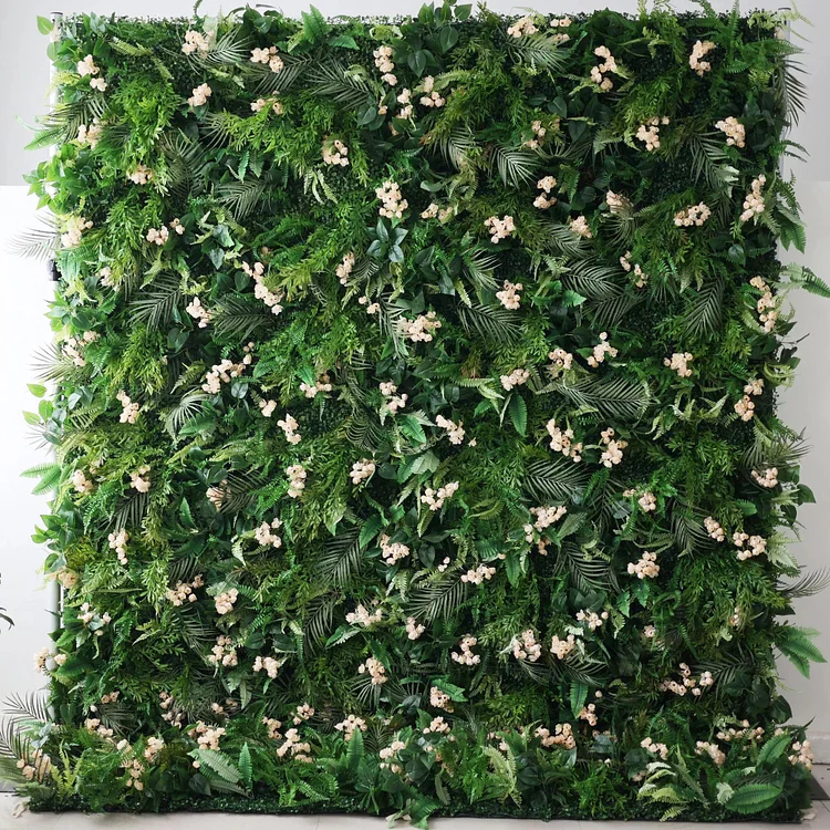 Verdant Green Oasis Wall with Soft Peach Blossoms: An Enchanting M&eacute;lange of Dense Foliage & Delicate Flowers - Nature's Best for Events-VF-203-2
