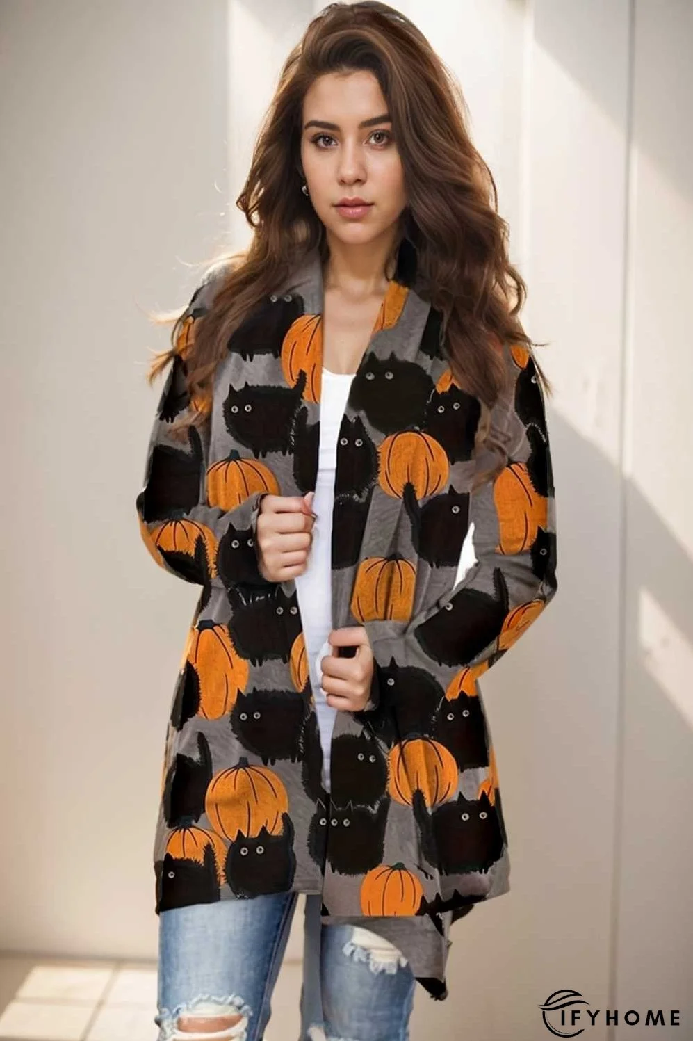 plus size halloween coat women s pus allover cat pumpkin print long sleeve open front medium stretch cardigan overcoat | IFYHOME
