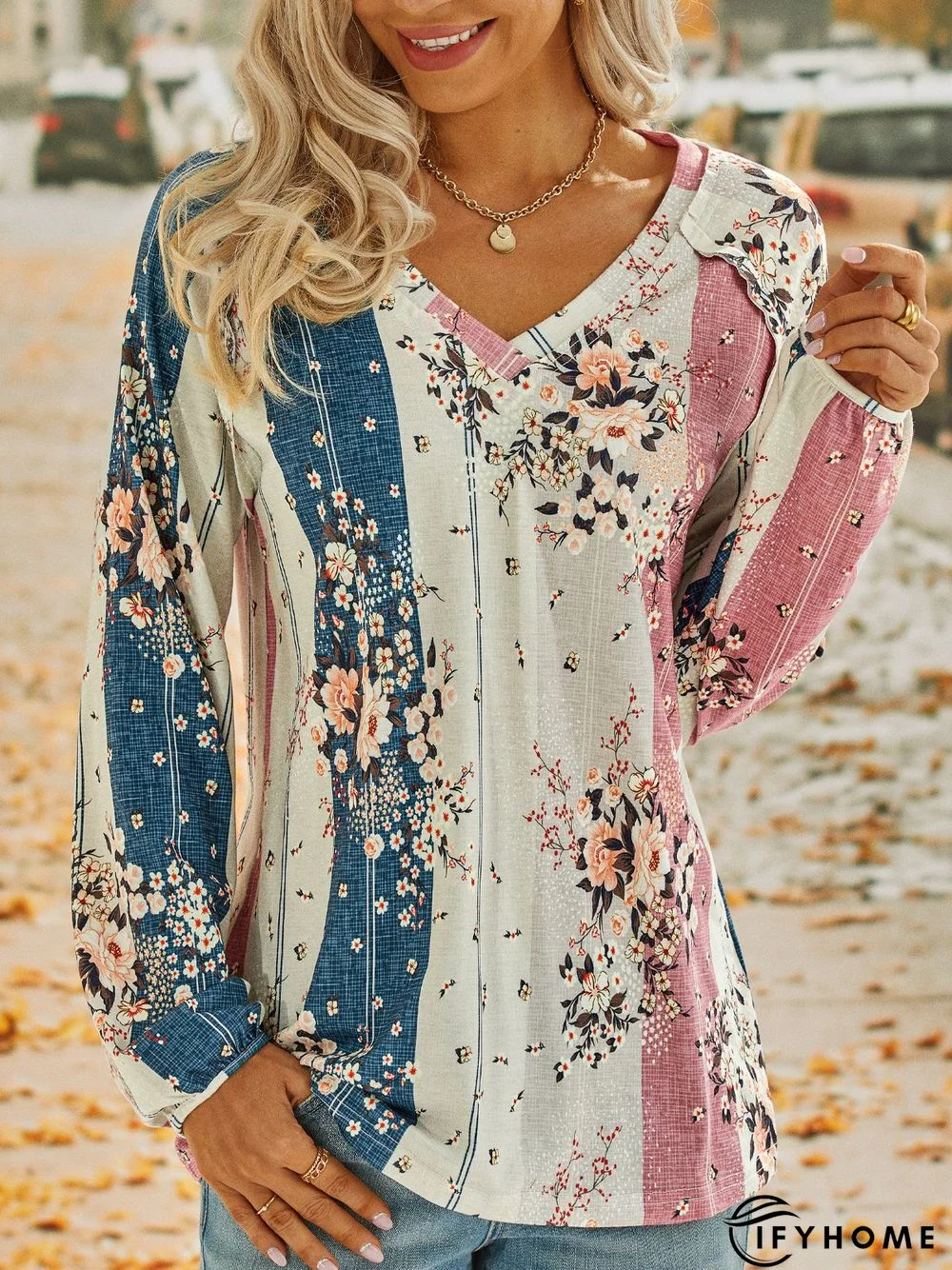 Long sleeve V Neck Floral Casual T-Shirt | IFYHOME