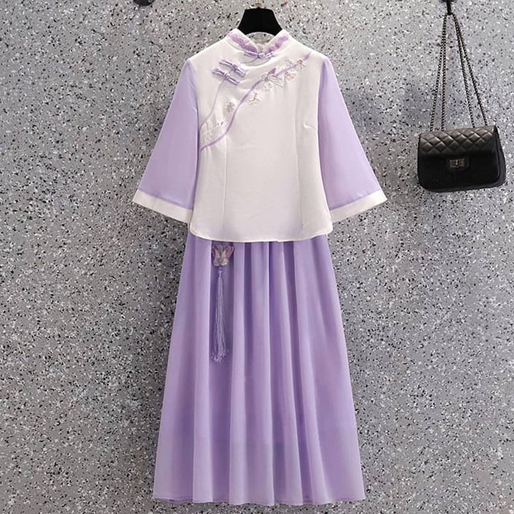 Stand Collar Button Slim Vintage Top Skirt Set - Modakawa Modakawa