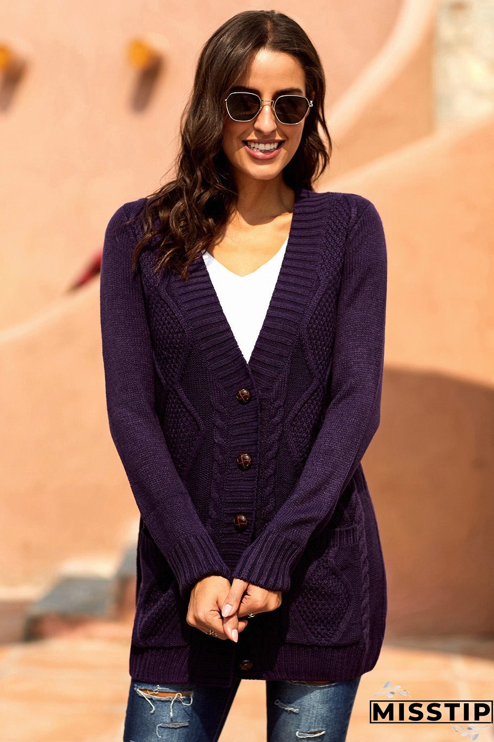 Women Purple Front Pocket And Buttons Closure Cardigan