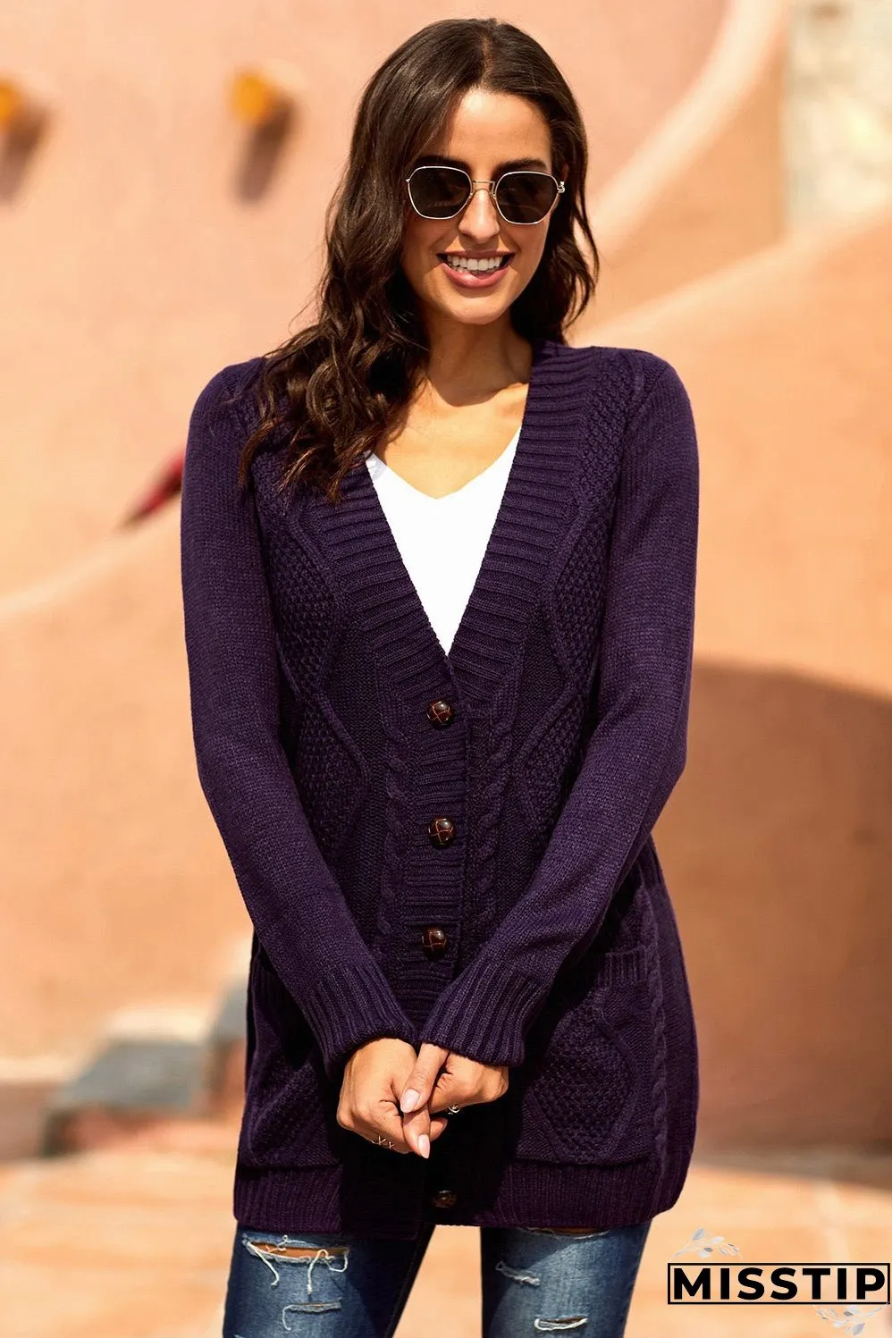 Women Purple Front Pocket And Buttons Closure Cardigan