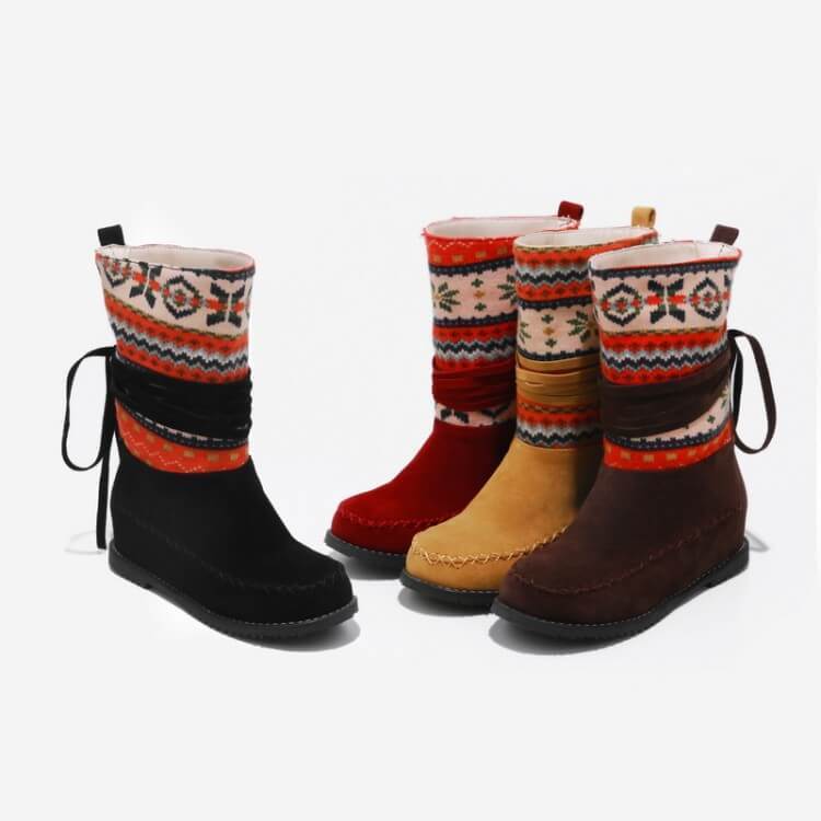 GOOSHOE Flat Suede Round Toe Ethnic Trend Calf Boots