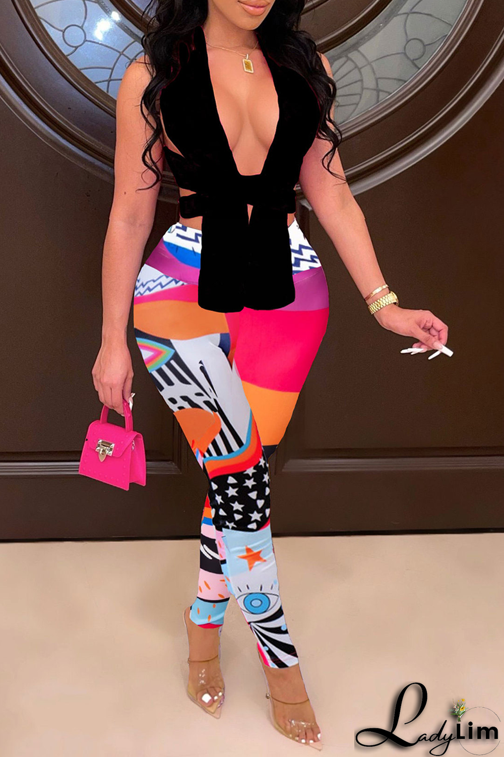 White Sexy Print Patchwork V Neck Sleeveless Two Pieces