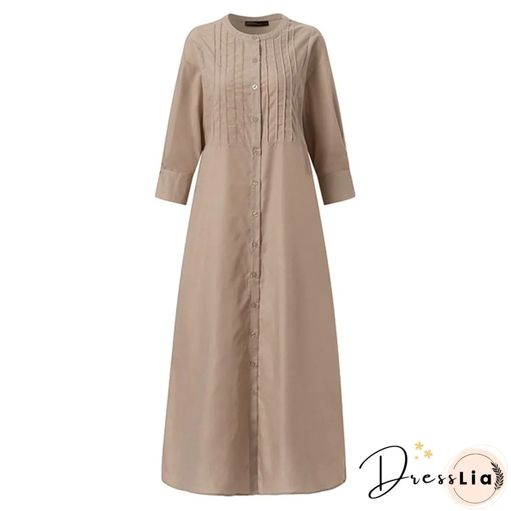 Ladies Spring Casual Kaftan Solid Sleeve Holiday Loose Top Pleated Long Dress Plus Size