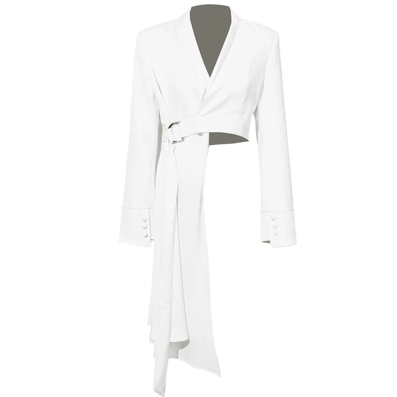 [EAM] 2021 New Spring Autumn V-collar Long Sleeve White Button Belt Spliced Irregular Jacket Women Coat Fashion Tide JX600