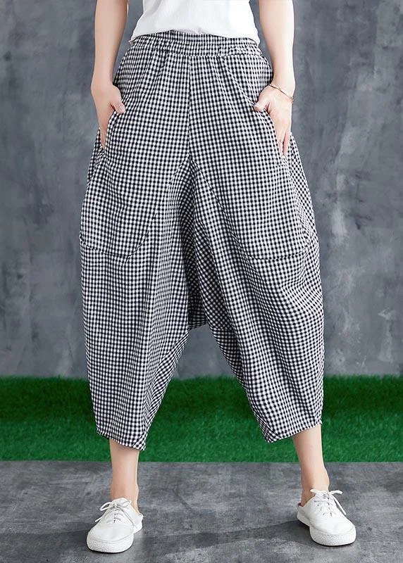 Stitching Cotton Linen Drop Crotch Pants Summer Linen Plaid Loose Large Size