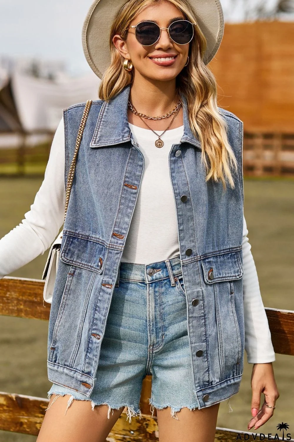 Sleeveless Collared Neck Denim Top with Pockets