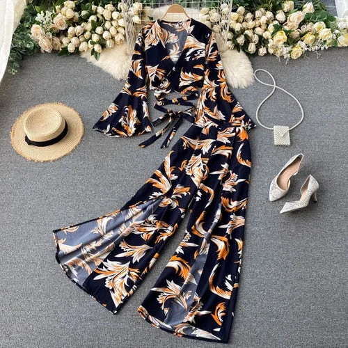 Vintage Two Piece Set, Boho Matching Crop Top and Palazzo Pant, Leaves in Green, Blue and Yellow
