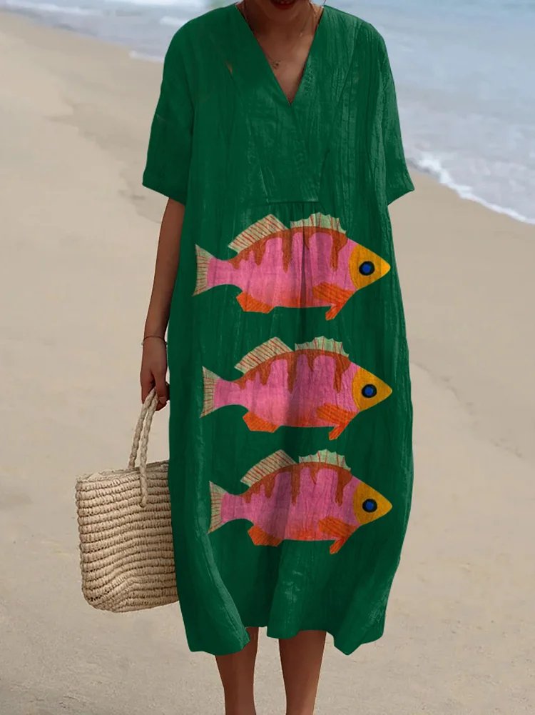 Women's Vintage Fish Art Print Flowy Dress