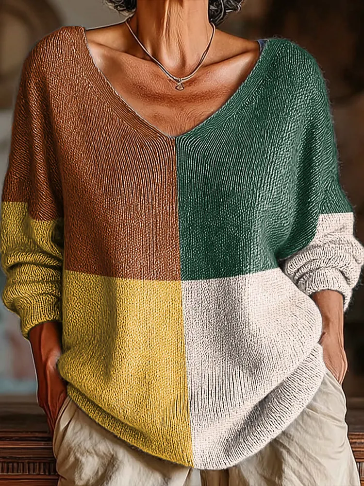 Women's Vintage Four-color Checkered Graphic Art Print Casual Pullover Sweater