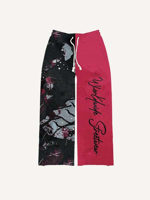 Colorblock Heart&Graphic&Letter Faux Decal Faux Rhinestones Print Elastic Waist Pants