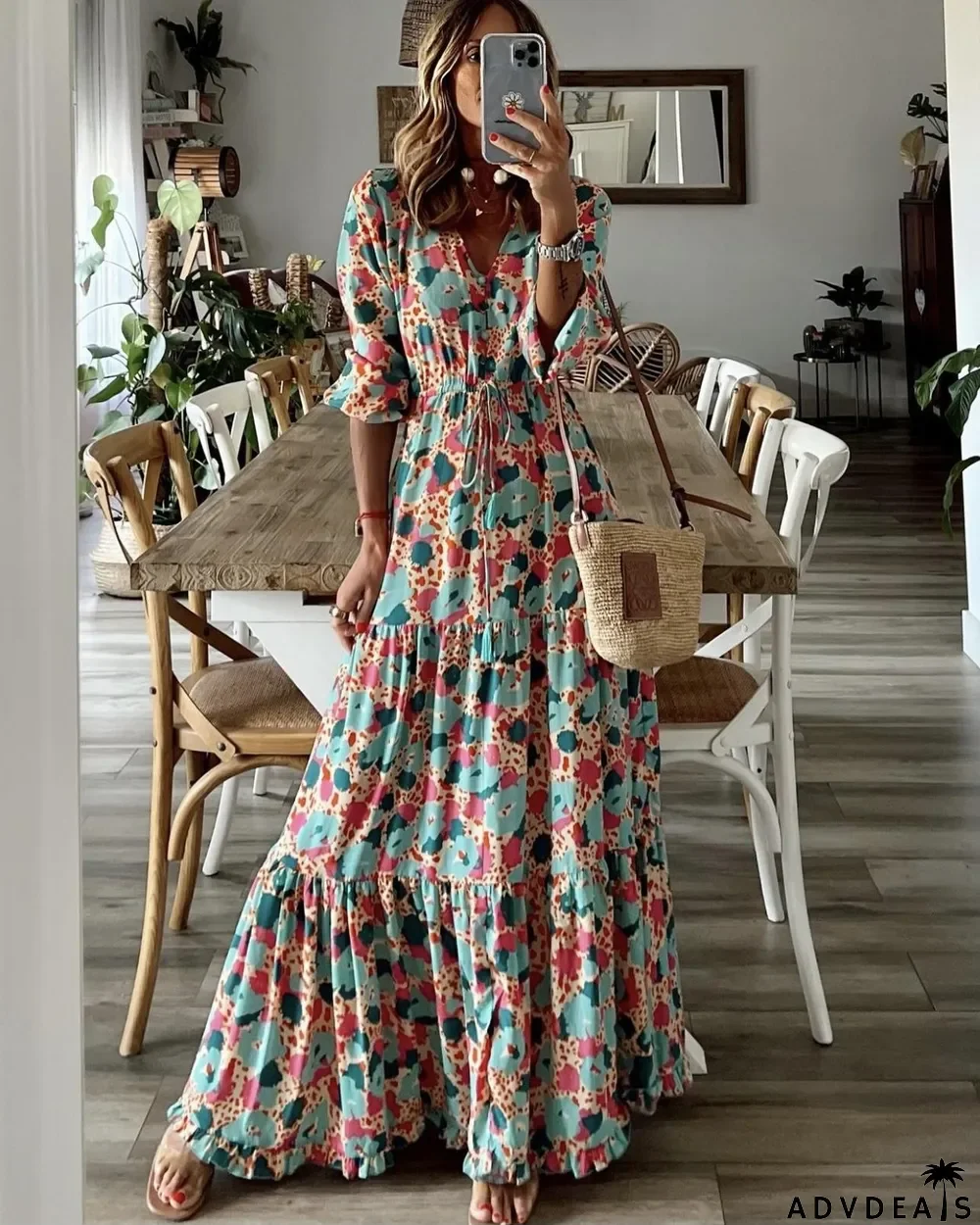 Plus Size Women Dress Printed Short Sleeve Tie-Up Maxi Dress