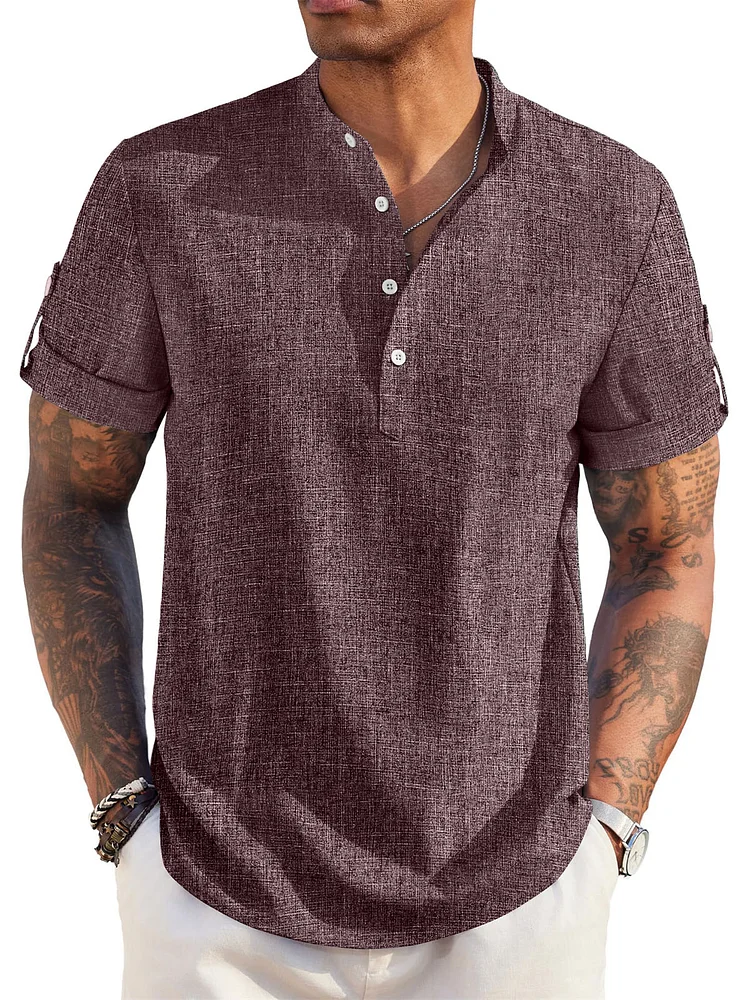 Men's Cotton And Linen Stand Collar Basic Casual Short-sleeved Shirt