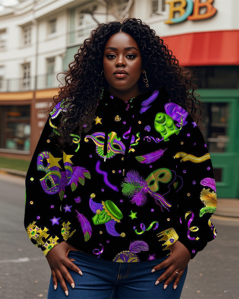 Women's Plus Size Mardi Gras Print Hoodie