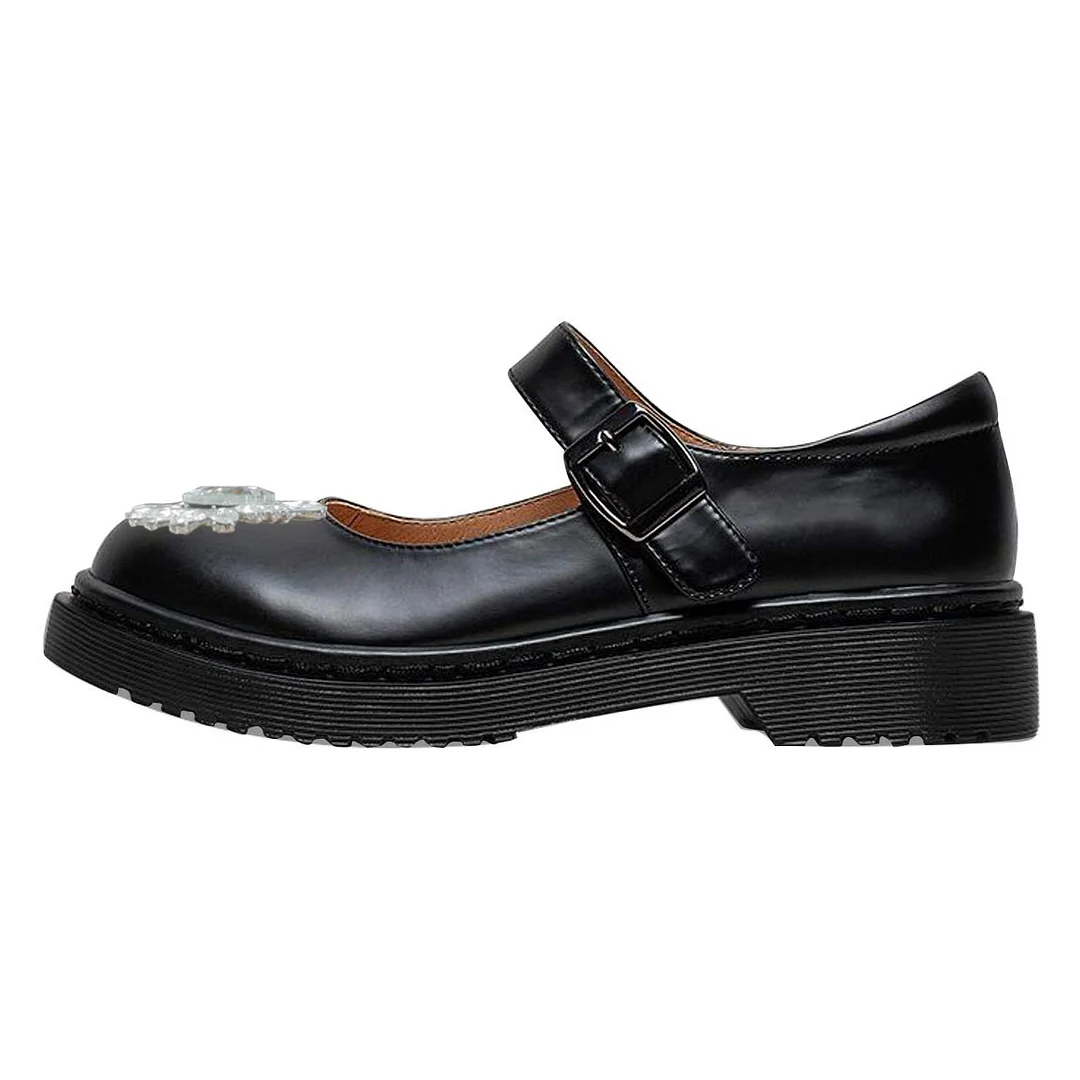 Black Vegan Leather Round Toe Rhinestone Embellished Mary Jane Shoes 