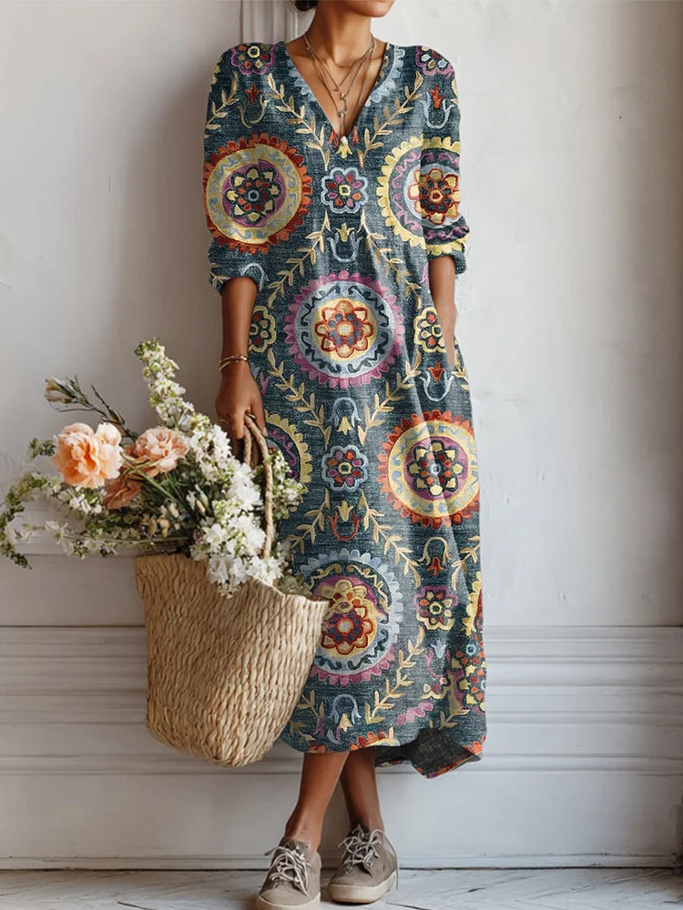 Women's Vintage Flower Art Print Linen Pocket Tunic Dress