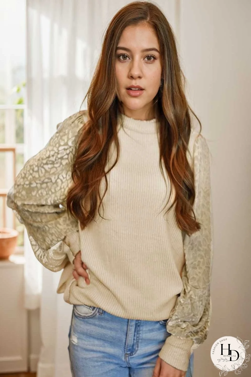 women s loose fit leopard print knit pullover with round neck and casual style top