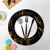10 Pack | Marble Disposable 13" Charger Plates, Cardboard Serving Tray, Round with Leathery Texture - Black/Gold - 1100 GSM