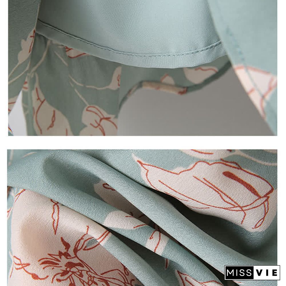 Vintage Embroidery Buckle Lace Up T-Shirt Floral Print Skirt