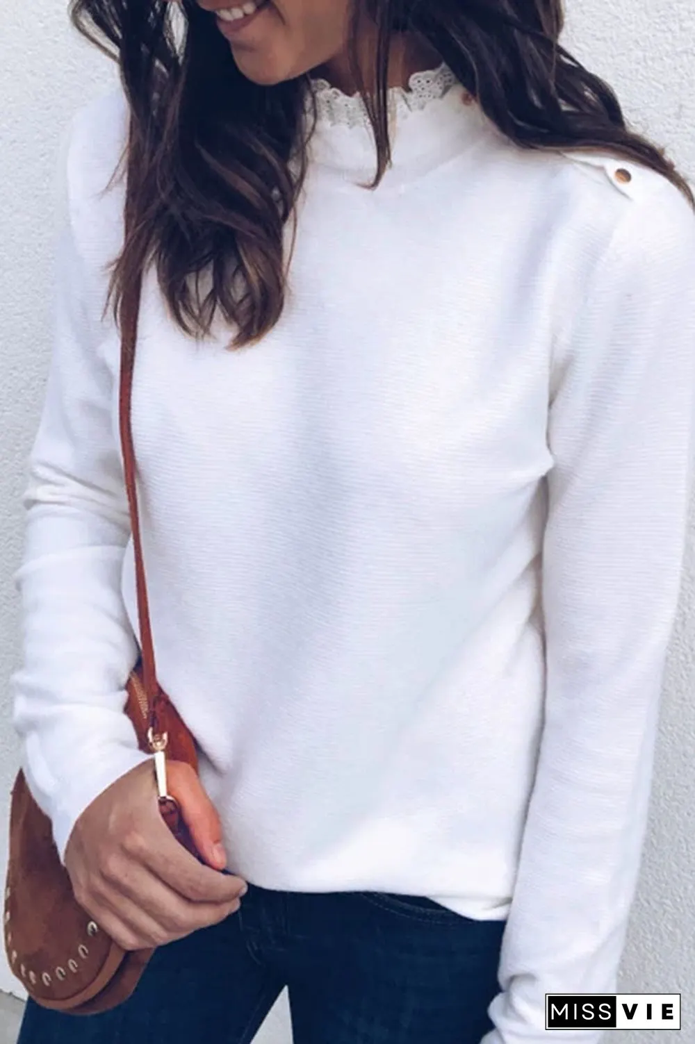 Shoulder Buckle Lace Neck Top