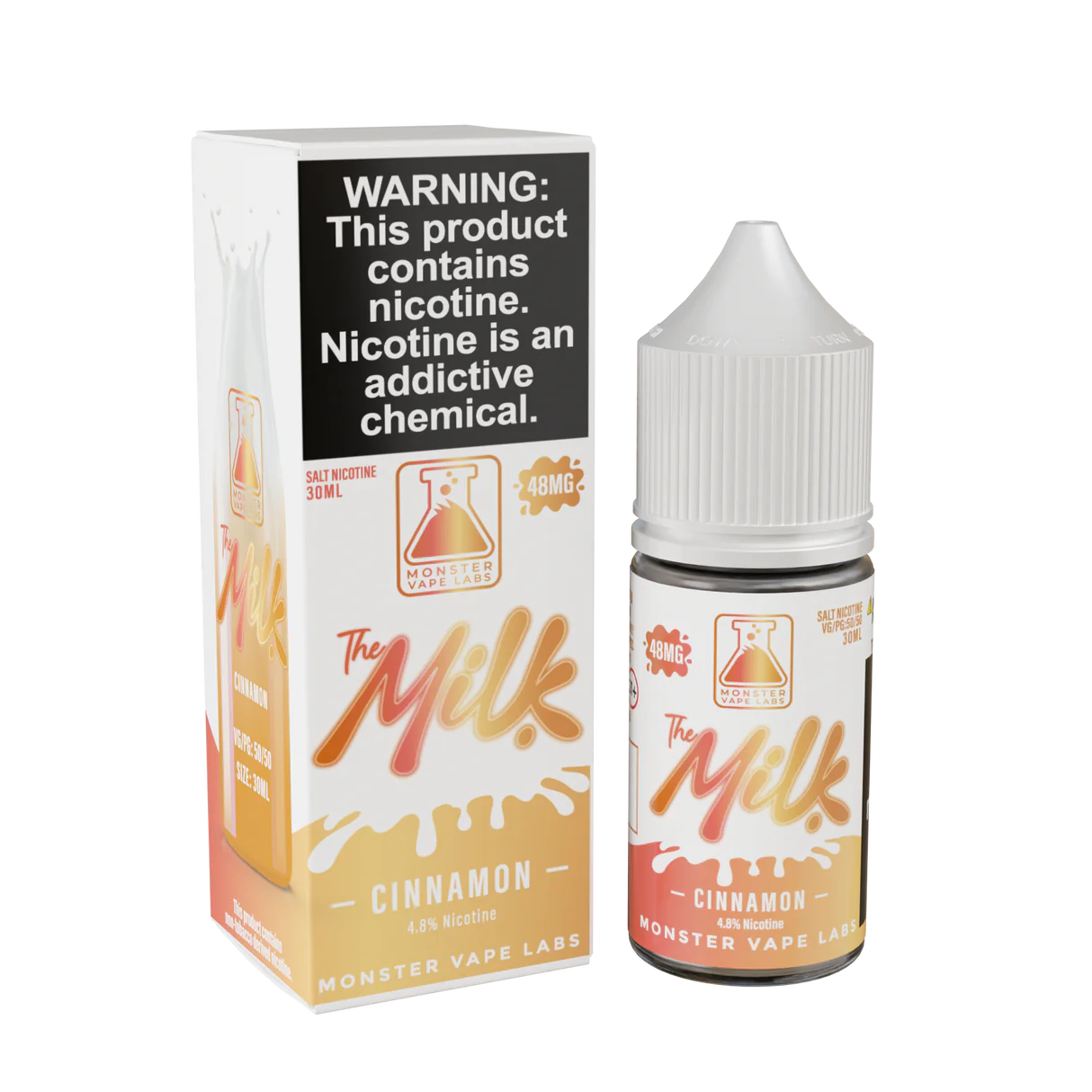The Milk Salt Cinnamon 30ML e-liquid, 48mg nicotine salt vape juice bottle and box.