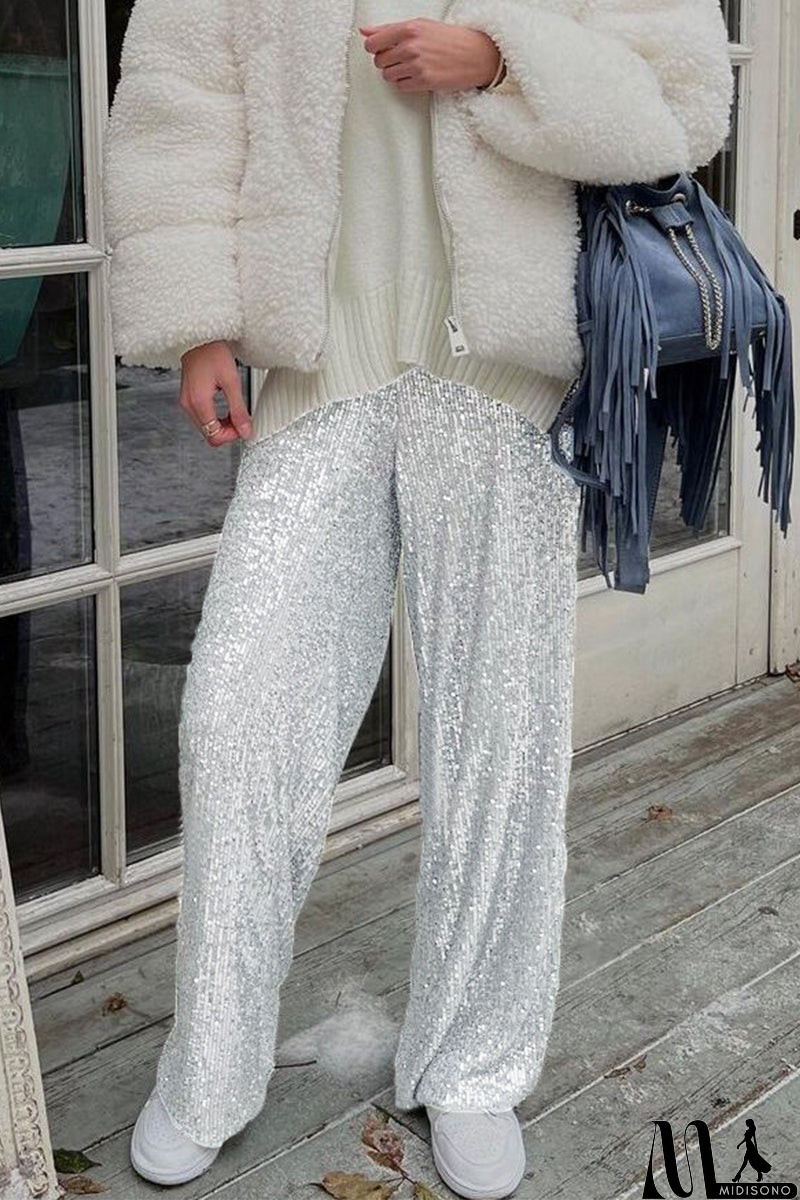 MidiSono - Casual British Style Solid Sequins Loose Low Waist Straight Solid Color Bottoms